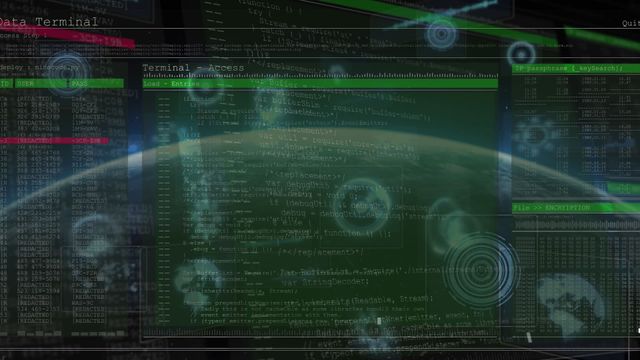 Digital data processing screen with global connections surrounded by coding interface and scanning elements. Suitable for illustrating concepts related to advanced technology, cybersecurity, network analysis, and futuristic data handling. Ideal for tech blogs, cybersecurity articles, and digital transformation marketing materials.