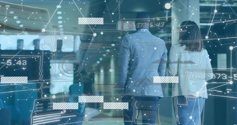 Business professionals walking through transit terminal with futuristic HUD data overlays