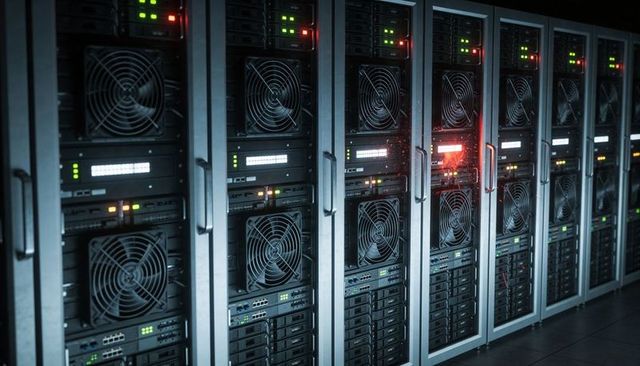Humming server racks glowing with led indicators in cold-aisle data center