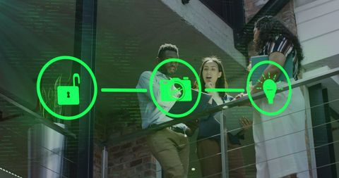 Digital Network Concept with Technology Icons in Discussion