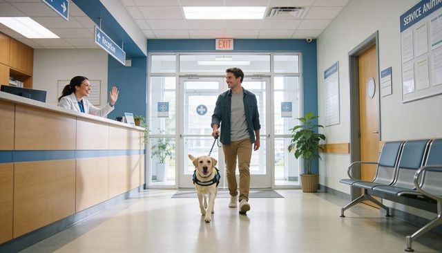 Male handler walking service labrador through clinic lobby while reception staff waving