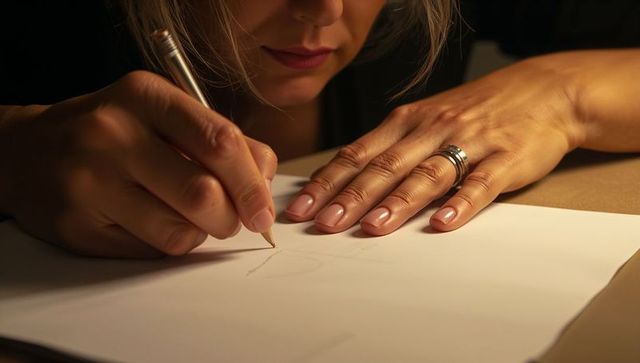 Woman sketching on paper with pencil, silver rings and nails in intimate warm lamp light