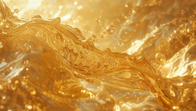 Golden liquid stream creating abstract wave with droplets
