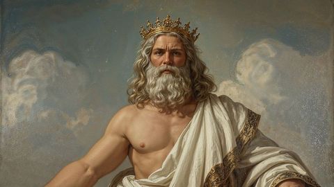 Majestic bearded king zeus with crown in mythic realm scene