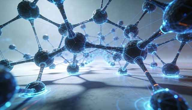 Glowing molecular lattice forming nanotechnology network with futuristic nodes and cyber circuitry