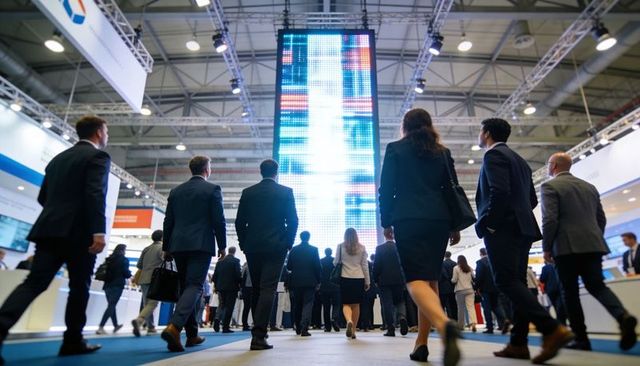Businesspeople walking toward towering led screen at bustling trade show networking