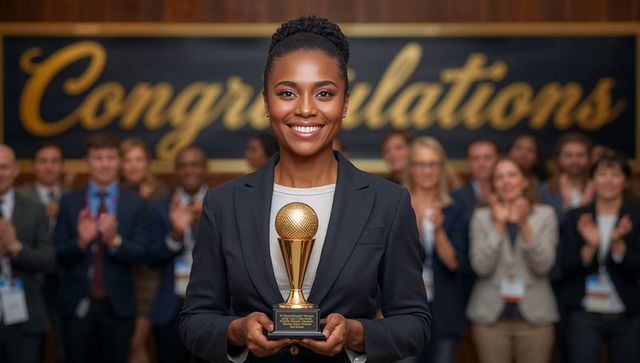 Businesswoman smiling holding gold trophy with audience applauding at award ceremony