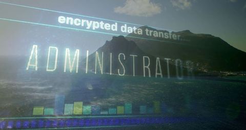 Futuristic data interface overlay with scenic mountain background