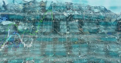 Stacked Scrap and Financial Chart Overlay Art in Industrial Zone