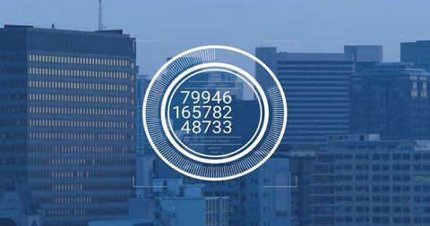 Futuristic hud overlaying city skyline with circular numeric data interface
