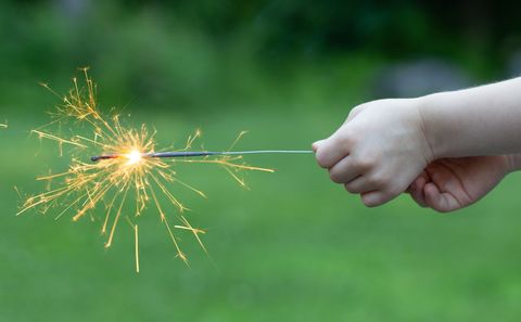 Close-Up of Hand Holding Sparkler Against Green Background
