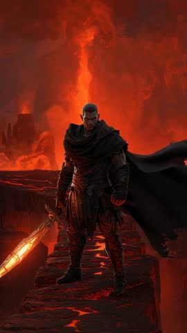Armored warrior standing on lava bridge wielding fiery sword amid erupting volcano vertical video