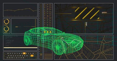 Futuristic 3d wireframe car model with data visualization interface
