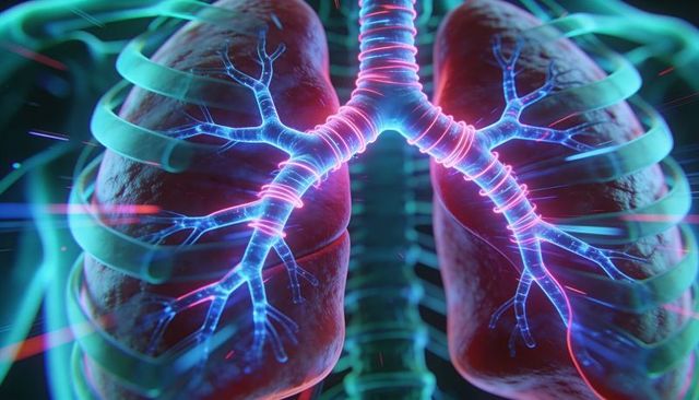 Neon 3d lungs and glowing trachea with bronchial tree medical illustration for education