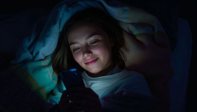 Teen girl relaxing bedtime smartphone browsing under cozy blankets