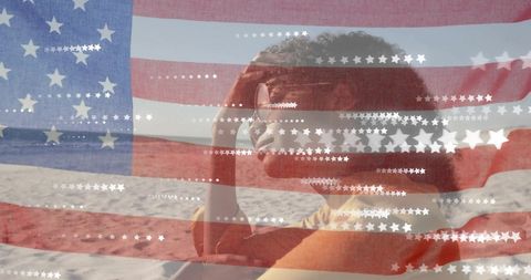 Patriotic African American Woman Relaxing on Sunny Beach
