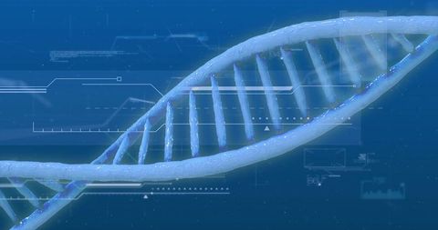 Futuristic dna strand with data integration on blue background