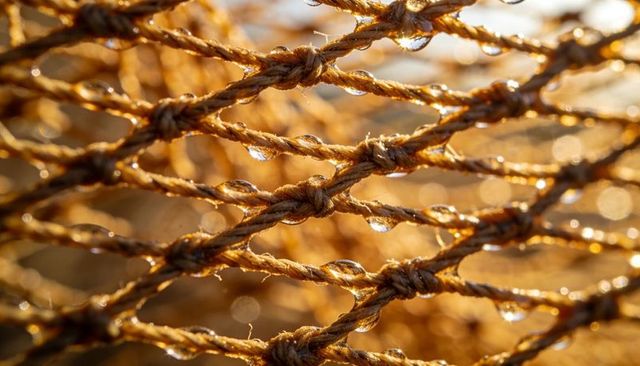 Sunlit dew on woven rope net macro detail catching golden backlight and knots