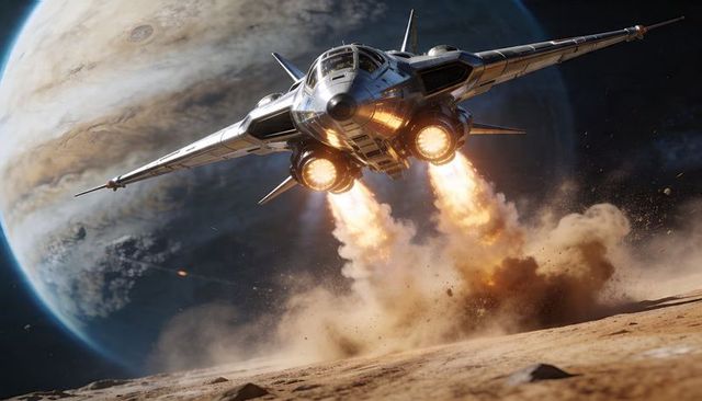 Futuristic Starfighter Landing on Alien Desert Plain with Twin Flame Thrusters and Banded Gas Giant