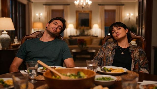Exhausted couple leaning back at cozy dinner table after long day warm ambient living room