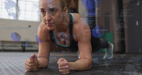 Woman holding forearm plank training with digital fitness data overlays for performance