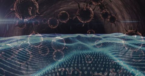 Digital Spheres Suspended Over Binary Mesh in Futuristic Tunnel