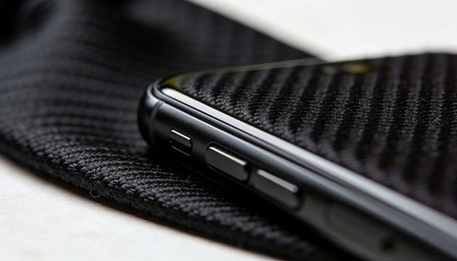 Macro detail of black smartphone featuring woven carbon fiber skin, volume buttons and slider