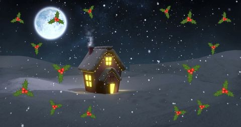 Cozy Christmas Cottage with Holly and Full Moon