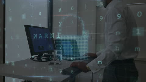 Businessman Analyzing Secure Data on Monitor Hologram Overlay