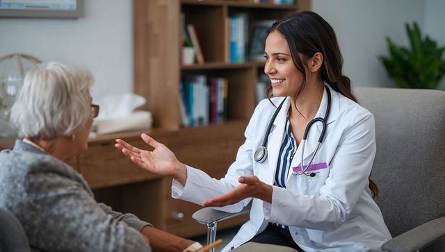 Compassionate doctor consulting with senior patient in clinic