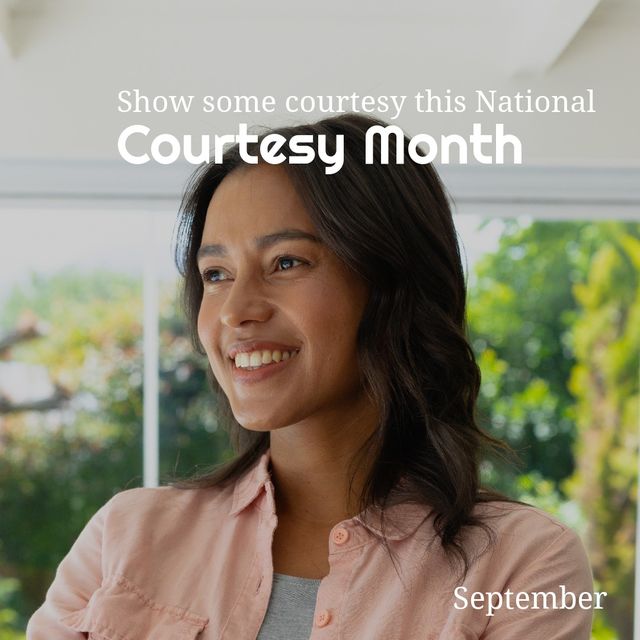 Digital image of smiling young asian woman, show some courtesy this national courtesy month text. Copy space, digital composite, celebration, courtesy month, being kind and courteous concept.