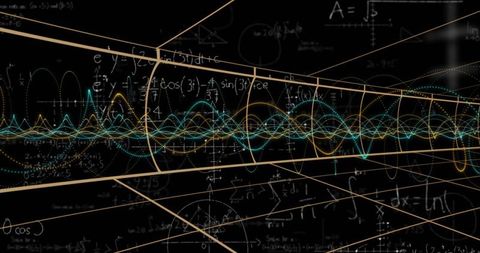 Neon waveforms and math symbols in 3d cyber corridor