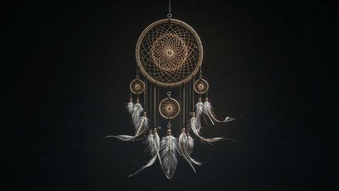 Ornate Dreamcatcher with Feathers and Beads on Dark Background