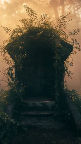 Vertical video zooming into mossy stone alcove in misty forest revealing overgrown arched gateway