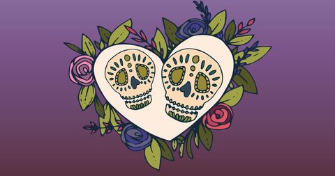 features artistic depiction of two painted skulls within a heart-shaped floral arrangement. reflects cultural and traditional elements of the dia de los muertos celebration. suitable for promoting events, educational materials, and festive decorations related to latin american customs and heritage.