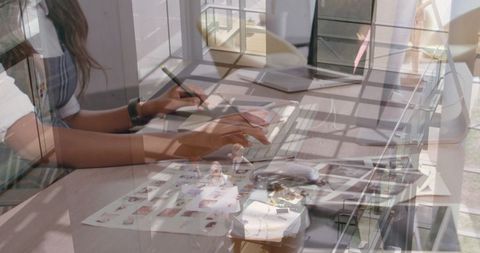 Multitasking Woman Balancing Work with Holographic Technology