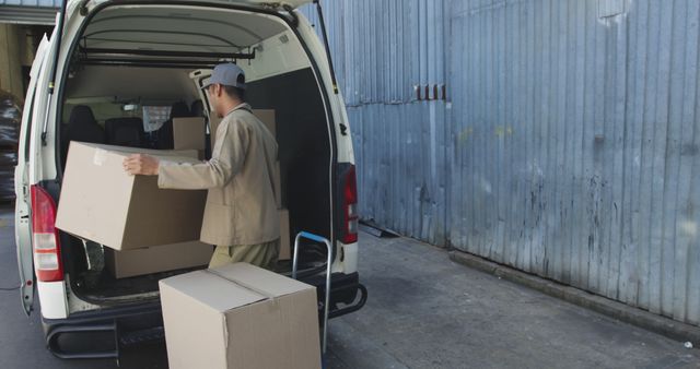 Delivery worker unloading cardboard boxes from van in industrial area near a warehouse. Ideal for concepts related to shipping, logistics, freight transportation, courier services, and supply chain management. Suitable for illustrating delivery processes, industrial work environments, and warehousing operations.