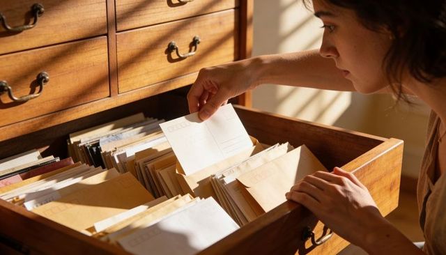 Woman sorting vintage postcards and envelopes in wooden drawer bathed in warm sunlight