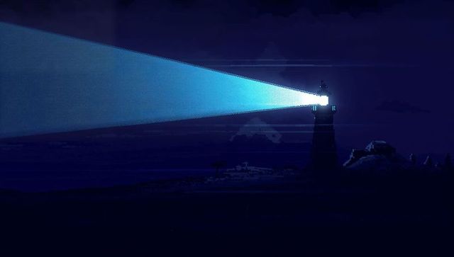 Retro pixel lighthouse emitting cool blue beacon across dark coastal night sea horizon