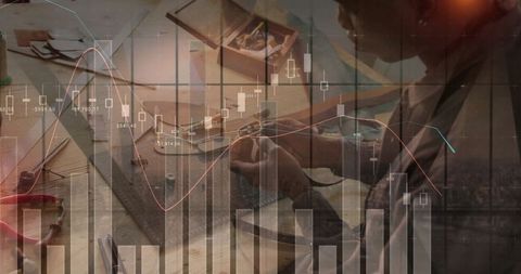 Artisan crafting eyeglasses with overlaid financial charts