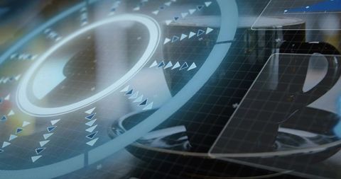 Futuristic dark ceramic coffee cup with holographic HUD overlay on reflective desk