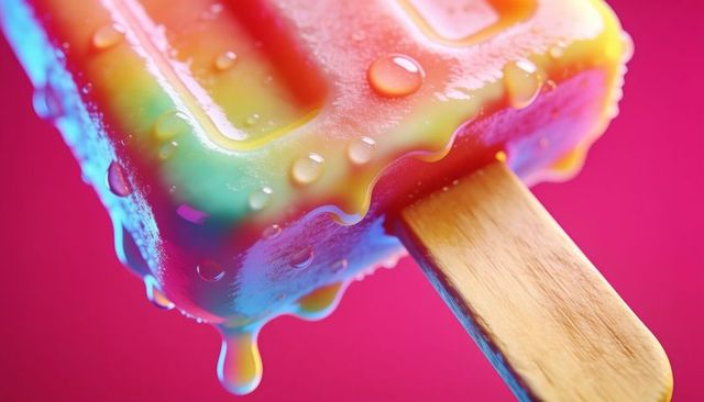 Melting rainbow popsicle dripping vibrant glossy colors on wooden stick close-up macro