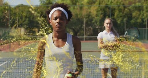 Women tennis players in action with dynamic golden particles