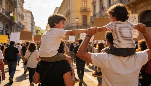 Children holding hands on parents' shoulders during city protest march at sunset