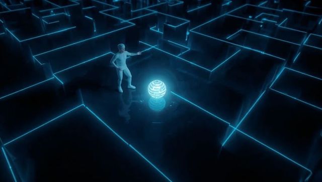 Humanoid exploring neon maze discovering glowing orb in futuristic cyber labyrinth