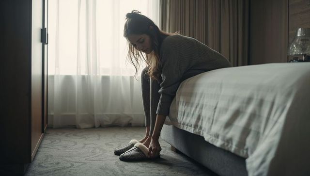 Single woman putting on slippers in cozy minimalist bedroom under soft morning light