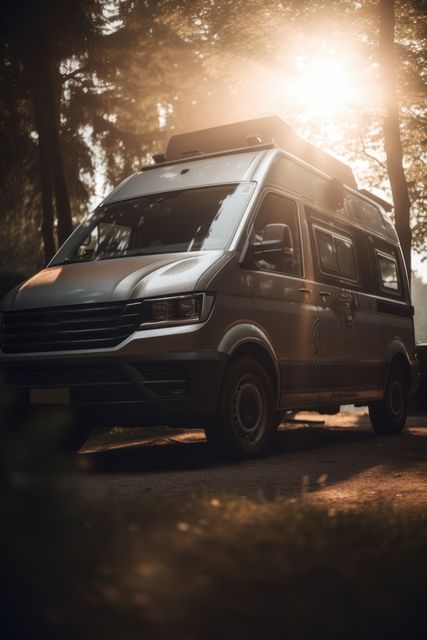 Silver camper van with sunlight and trees in forest created using generative ai technology. Transport, travel and camping concept digitally generated image.