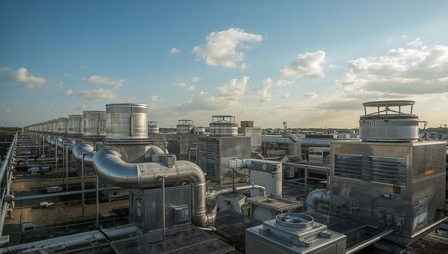 Rooftop hvac units lining flat commercial roof featuring curved ductwork and exhaust vents
