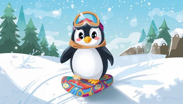 Cute Penguin Snowboarding on Colorful Patterned Board Wearing Goggles and Scarf