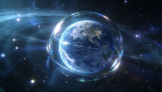 Earth rotating inside glass bubble with luminous orbital rings floating in deep space
